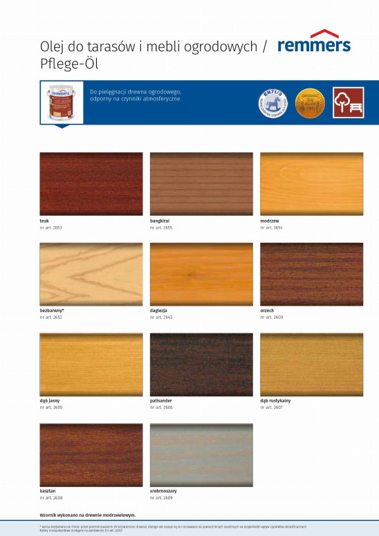 Olej do tarasów i mebli ogrodowych Remmers - paleta kolorów